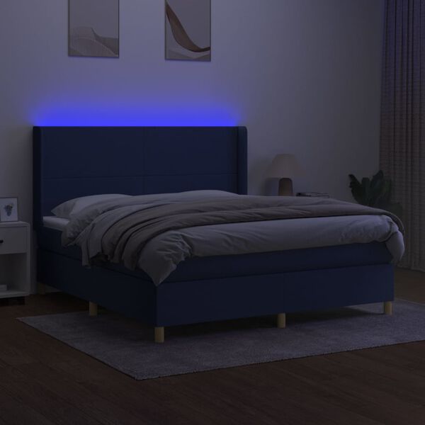 vidaXL Cama box spring colch&oacute;n y luces LED tela azul 180x200 cm