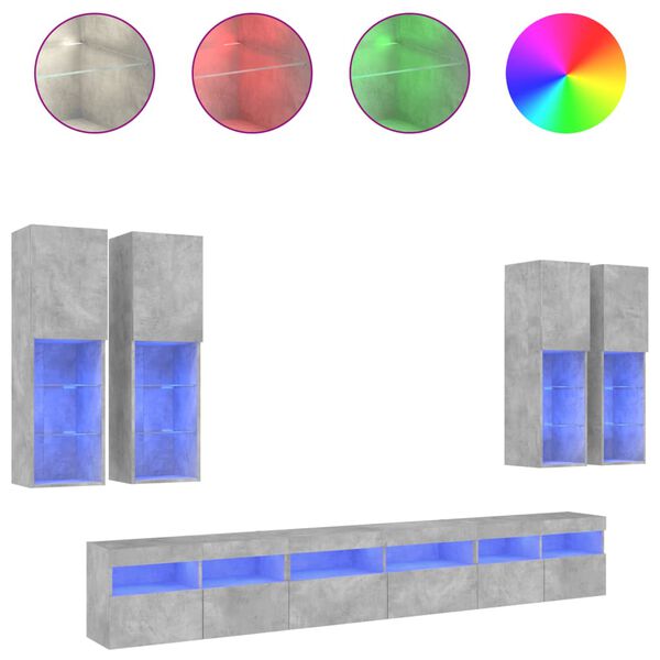 vidaXL Muebles de TV de pared con luces LED 7 piezas gris hormig&oacute;n