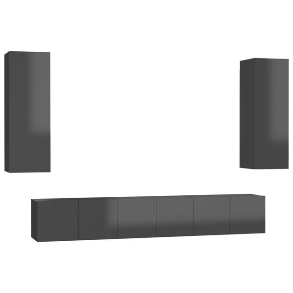 vidaXL Muebles de TV de sal&oacute;n 5 pzas madera de ingenier&iacute;a gris brillo