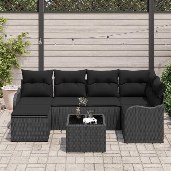 vidaXL Conjunto de sofá de jardín con cojín 7 pcs Negro Poliratán