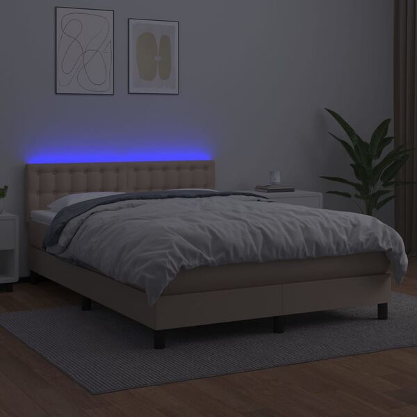vidaXL Cama box spring colch&oacute;n LED cuero sint&eacute;tico capuchino 140x200cm