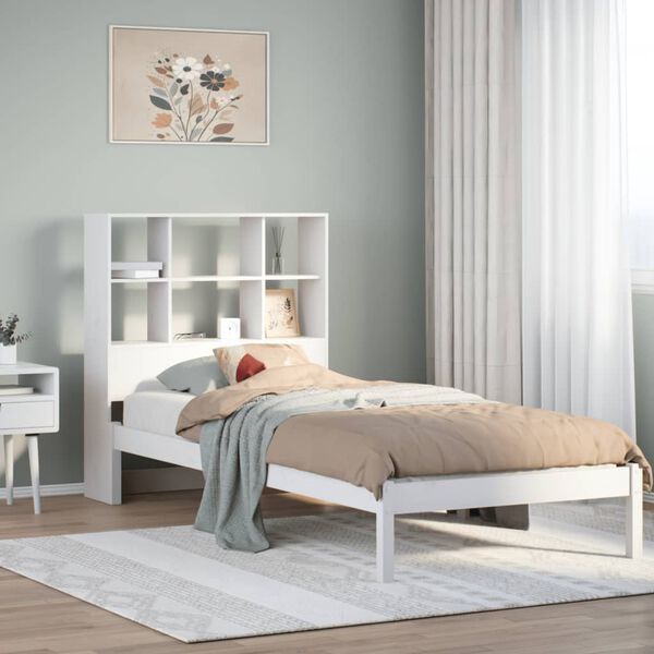 vidaXL Cama con estanter&iacute;a sin colch&oacute;n madera maciza blanco 90x200 cm
