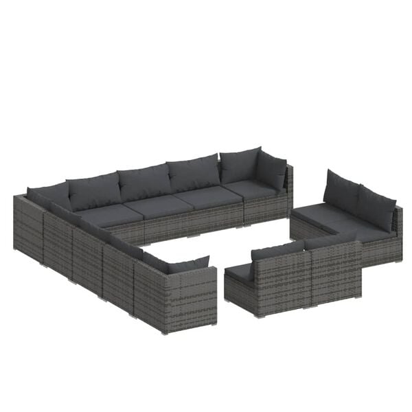 vidaXL Set muebles de jard&iacute;n 13 piezas y cojines rat&aacute;n sint&eacute;tico gris