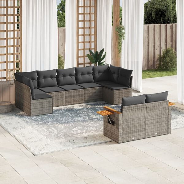 vidaXL Set de muebles de jard&iacute;n 9 pzas y cojines rat&aacute;n sint&eacute;tico gris
