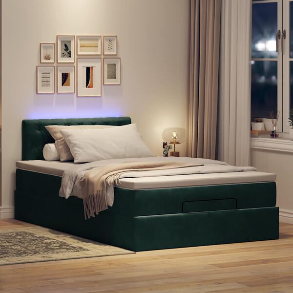 vidaXL Cama otomana con colch&oacute;n&LED terciopelo verde oscuro 120x190cm