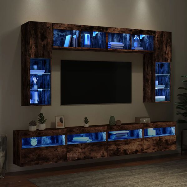 vidaXL Muebles de TV de pared con luces LED 8 piezas roble ahumado