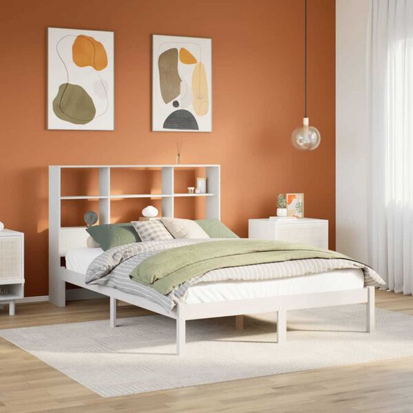 vidaXL Cama con estanter&iacute;a sin colch&oacute;n madera maciza blanca 140x190 cm