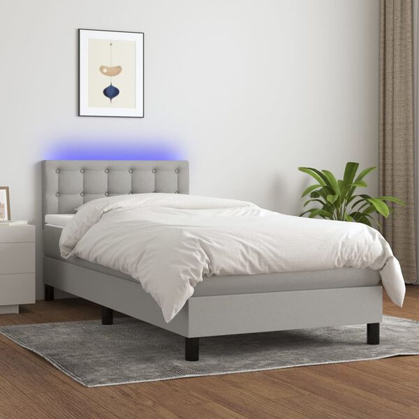 vidaXL Cama box spring colch&oacute;n y luces LED tela gris claro 90x200 cm