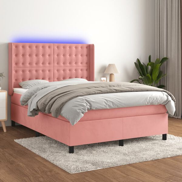 vidaXL Cama box spring colch&oacute;n y LED terciopelo rosa 140x200 cm