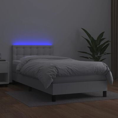 vidaXL Cama box spring y colchón LED cuero sintético blanco 90x200 cm