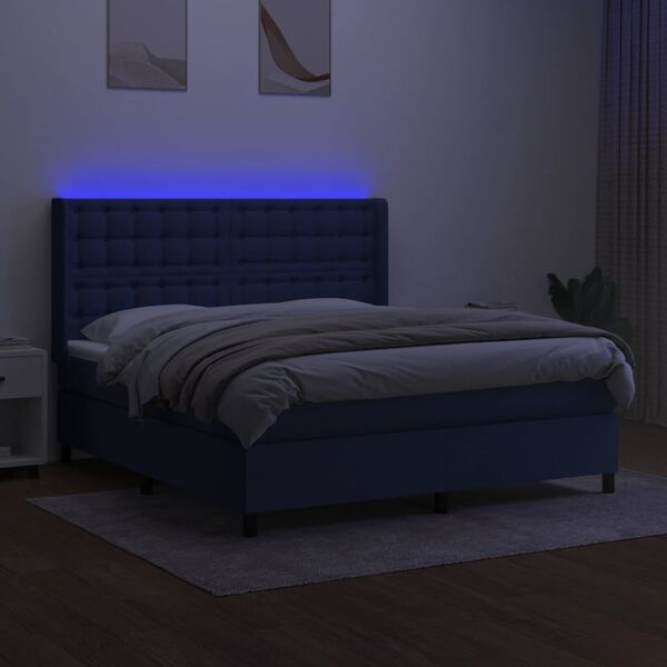 vidaXL Cama box spring colch&oacute;n y luces LED tela azul 180x200 cm
