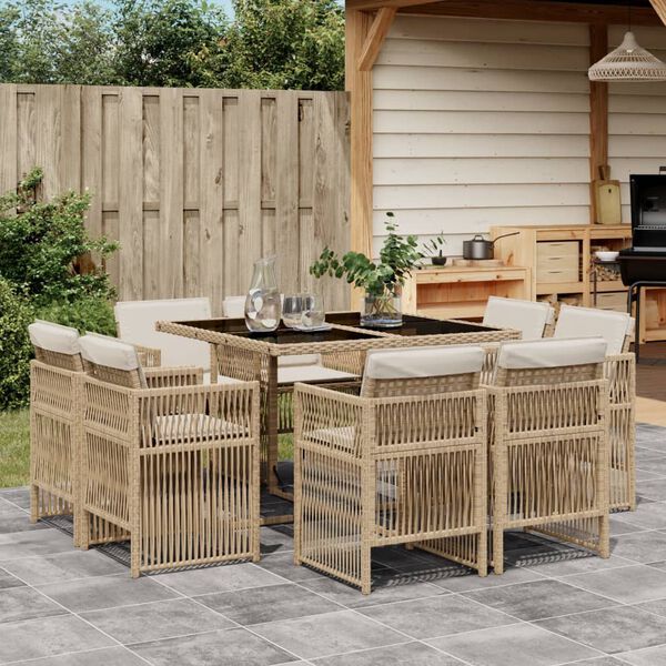 vidaXL Set comedor de jard&iacute;n 9 pzas con cojines rat&aacute;n sint&eacute;tico beige