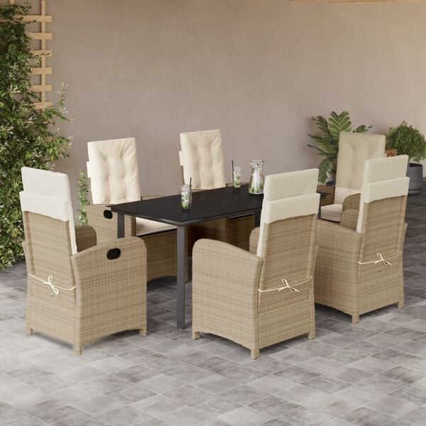 vidaXL Set comedor de jard&iacute;n 7 pzas con cojines rat&aacute;n sint&eacute;tico beige