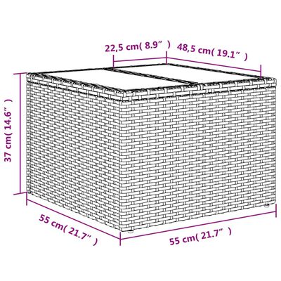 vidaXL Mesa de jardín superficie de cristal ratán PE gris 55x55x37 cm