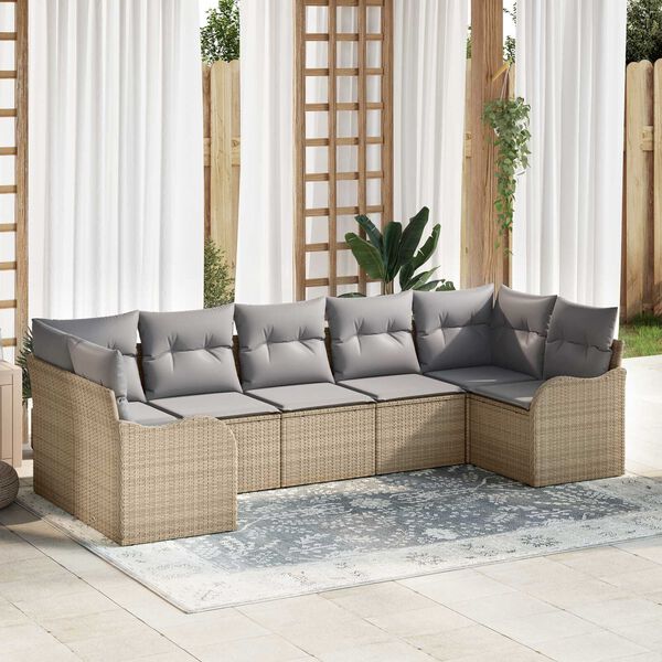vidaXL Conjunto de sof&aacute; de jard&iacute;n 7 pcs beige y gris claro Polirat&aacute;n