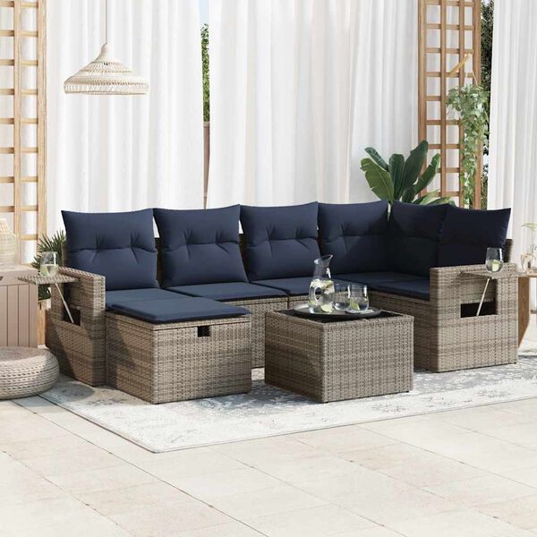 vidaXL Set de muebles de jard&iacute;n 6 pzas y cojines rat&aacute;n sint&eacute;tico gris