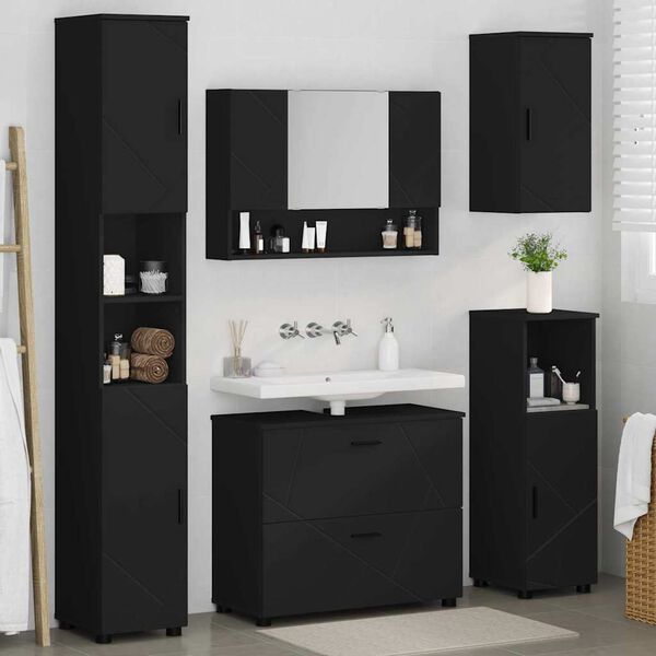 vidaXL Juego de muebles de ba&ntilde;o 5 pcs Negro Madera engineered y metal