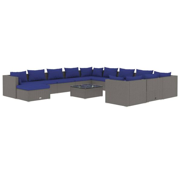 vidaXL Set de muebles de jard&iacute;n 13 pzas y cojines rat&aacute;n sint&eacute;tico gris