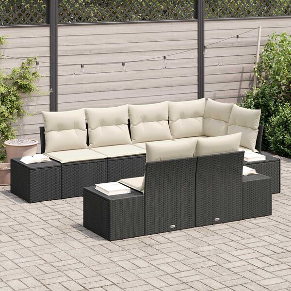 vidaXL Conjunto de sof&aacute; de jard&iacute;n 7 pcs Negro y crema rat&aacute;n sint&eacute;tico
