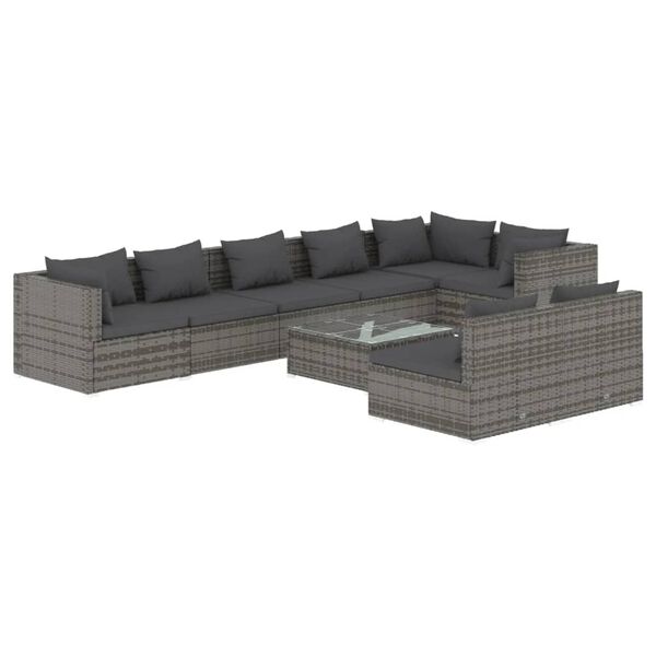 vidaXL Set de muebles de jard&iacute;n 9 pzas y cojines rat&aacute;n sint&eacute;tico gris