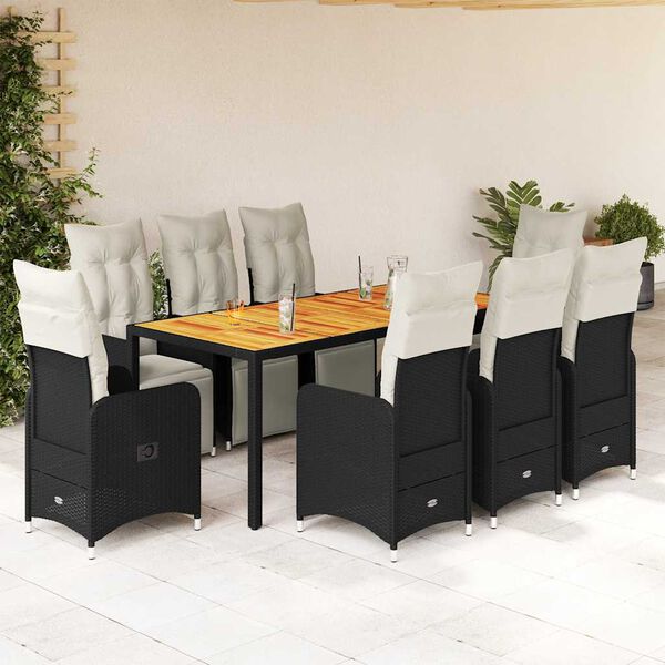 vidaXL Set de mesa y sillas de jard&iacute;n 9 pzas y cojines rat&aacute;n PE negro