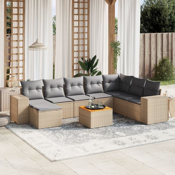 vidaXL Set de sof&aacute;s de jard&iacute;n 9 pzas con cojines rat&aacute;n sint&eacute;tico beige
