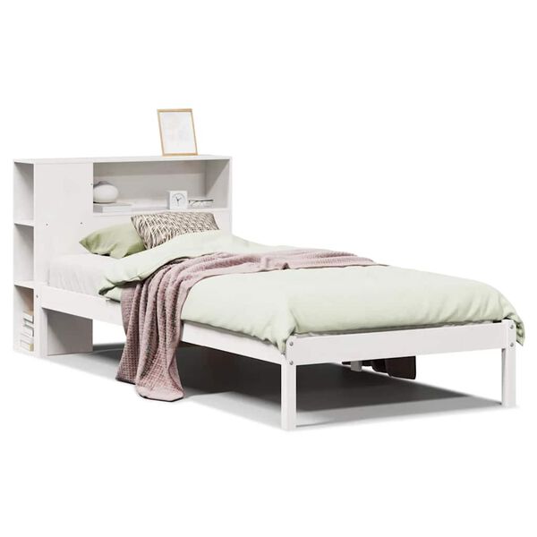 vidaXL Cama con estanter&iacute;a sin colch&oacute;n madera maciza blanca 75x190 cm