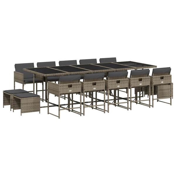 vidaXL Set comedor de jard&iacute;n con cojines 15 pzas rat&aacute;n sint&eacute;tico gris