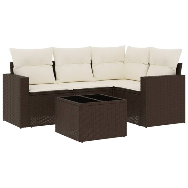 vidaXL Set comedor de jard&iacute;n 5 piezas y cojines rat&aacute;n sint&eacute;tico marr&oacute;n