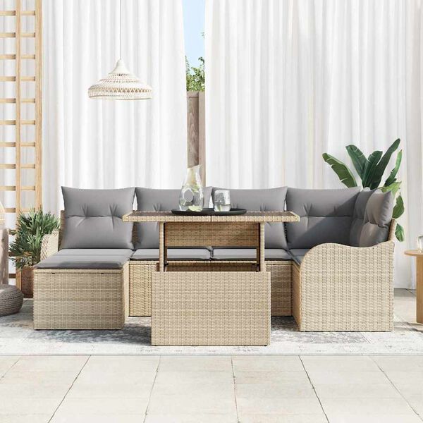 vidaXL Conjunto de sof&aacute; de jard&iacute;n con coj&iacute;n 7 pcs Beige Polirat&aacute;n