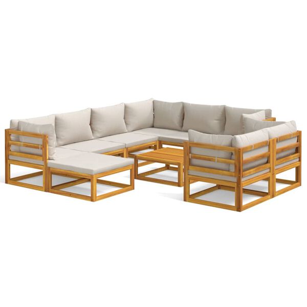 vidaXL Set muebles jard&iacute;n 10 pzas madera maciza y cojines gris claro