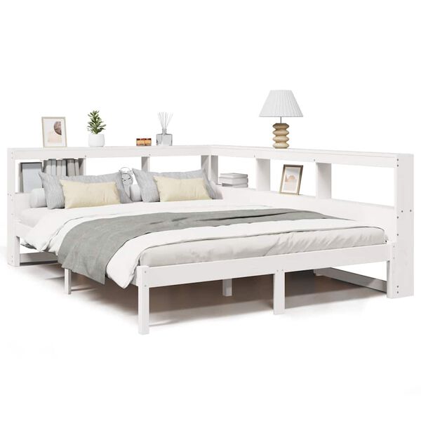 vidaXL Cama con estanter&iacute;a sin colch&oacute;n madera maciza blanca 140x190 cm