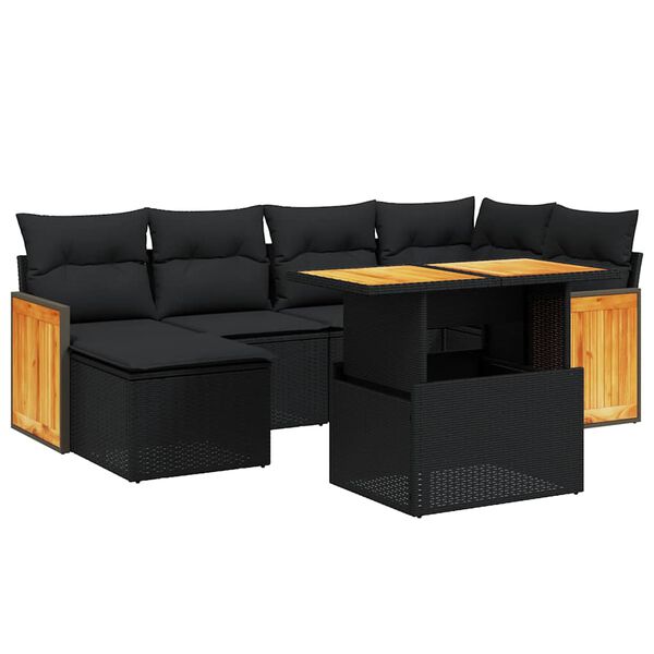 vidaXL Set de comedor de jard&iacute;n 7 pzas y cojines rat&aacute;n sint&eacute;tico negro
