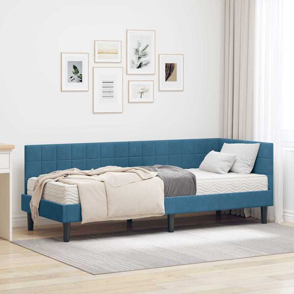 vidaXL Estructura de Cama Esquina con Colch&oacute;n 2 pcs Azul Terciopelo