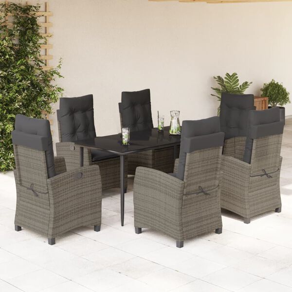 vidaXL Set comedor jard&iacute;n 7 pzas y cojines rat&aacute;n sint&eacute;tico gris