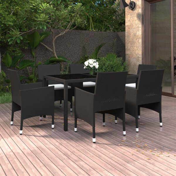 vidaXL Set de comedor de jard&iacute;n 7 pzas rat&aacute;n sint&eacute;tico vidrio negro
