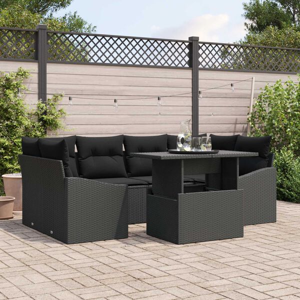vidaXL Conjunto de sof&aacute; de jard&iacute;n 7 pcs Negro Polirat&aacute;n