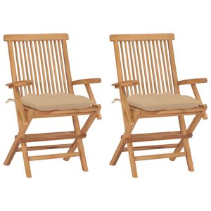 vidaXL Sillas plegables con cojines beige, 2 unidades, madera maciza de teca.