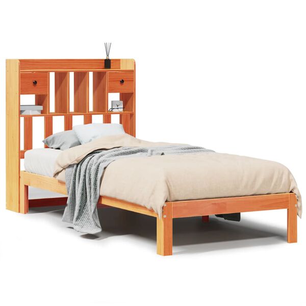 vidaXL Cama con estanter&iacute;a sin colch&oacute;n madera maciza marr&oacute;n 75x190 cm