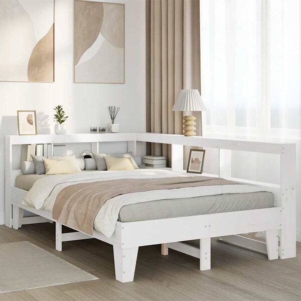 vidaXL Cama con estanter&iacute;a sin colch&oacute;n madera maciza blanca 140x190 cm