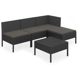 vidaXL Set de muebles de jard&iacute;n 5 pzas y cojines rat&aacute;n sint&eacute;tico negro