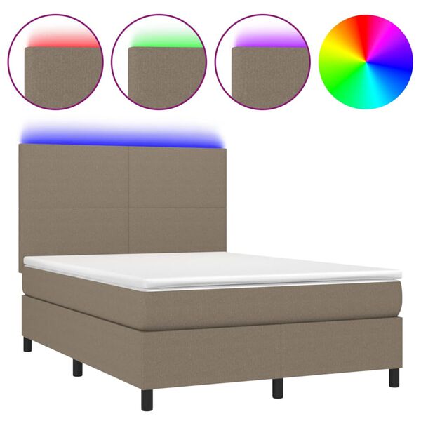 vidaXL Cama box spring colch&oacute;n y luces LED tela gris taupe 140x200 cm