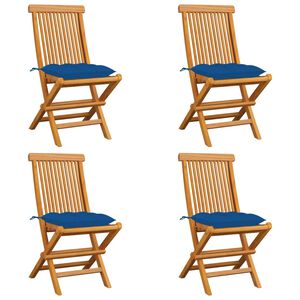 vidaXL Sillas plegables con cojines azules, 4 unidades, madera maciza de teca.