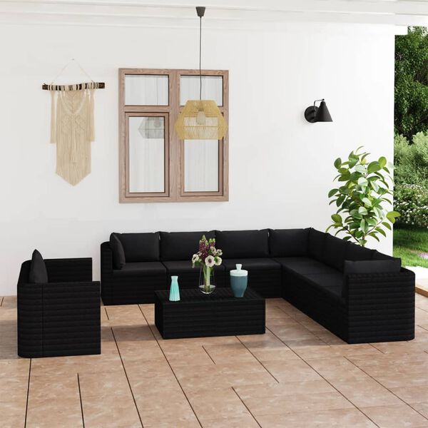 vidaXL Set de muebles de jard&iacute;n 11 pzas cojines rat&aacute;n sint&eacute;tico negro