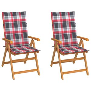vidaXL Sillas plegables (2 unidades), cojines con estampado de cuadros rojos, madera maciza de teca.