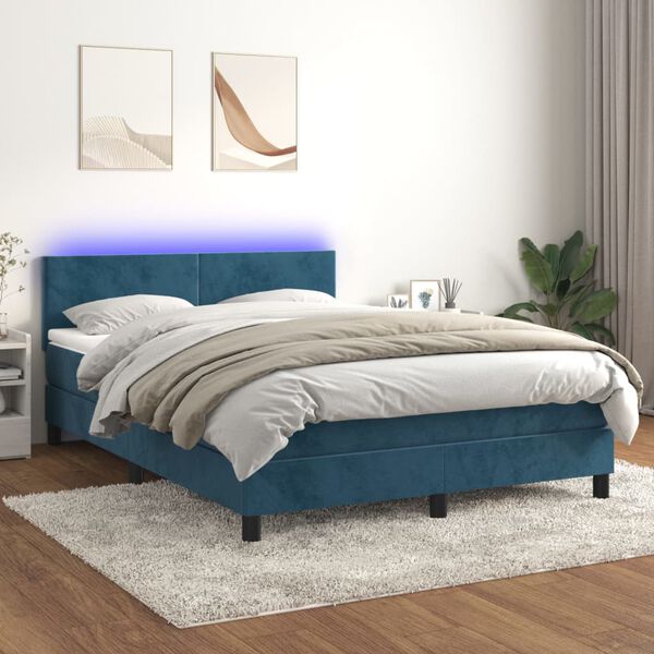 vidaXL Cama box spring colch&oacute;n y LED terciopelo azul oscuro 140x190 cm