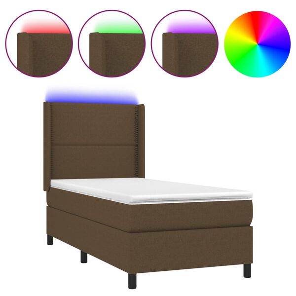 vidaXL Cama box spring colch&oacute;n luces LED tela marr&oacute;n oscuro 100x200cm