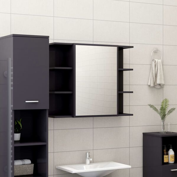 vidaXL Juego muebles de ba&ntilde;o 3 pzas madera de ingenier&iacute;a gris brillo