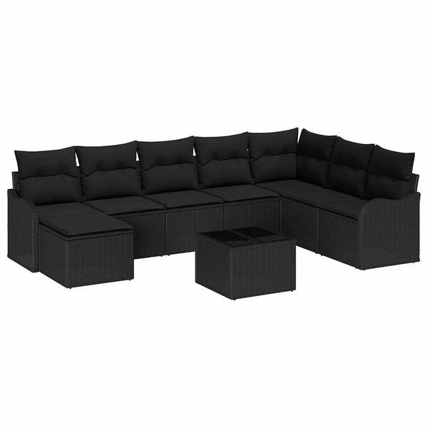vidaXL Conjunto de sof&aacute; de jard&iacute;n con coj&iacute;n 9 pcs Negro Polirat&aacute;n