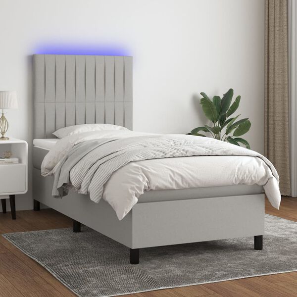vidaXL Cama box spring colch&oacute;n y luces LED tela gris claro 100x200 cm
